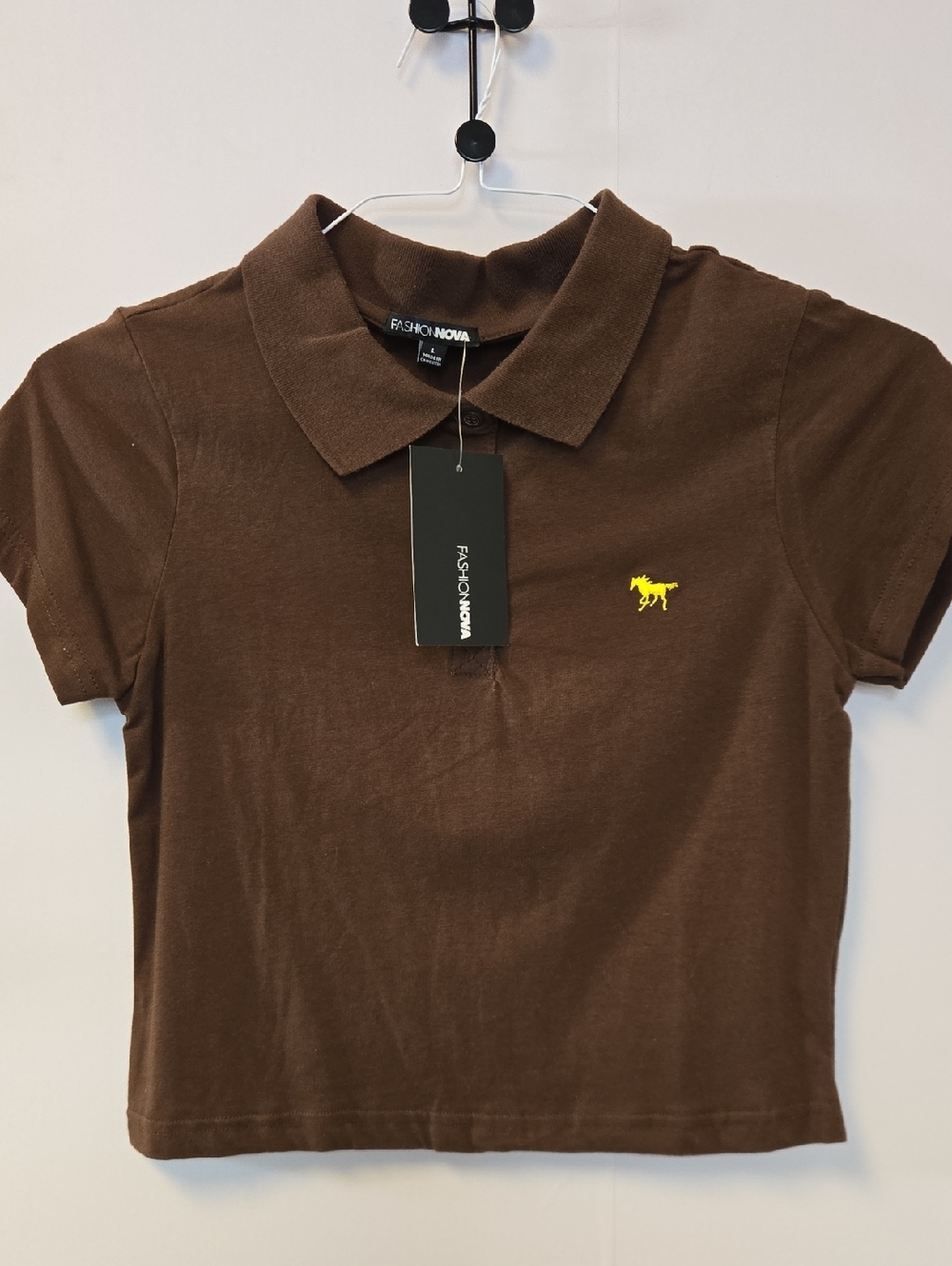NWT Fashion Nova Brown Polo Shirt with Yellow Logo